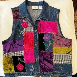 Susan Bristol sz L Floral Hand Embroidered Patchwork Denim Vest Y2K 90s Vintage
